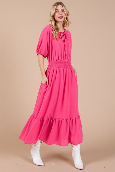 Ces Femme Gesmoktes Kleid mit elastischem Bund, Bindekragen und Puffärmeln