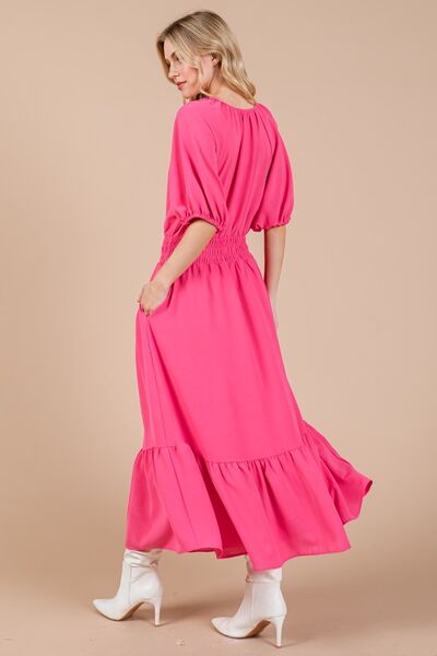 Ces Femme Gesmoktes Kleid mit elastischem Bund, Bindekragen und Puffärmeln