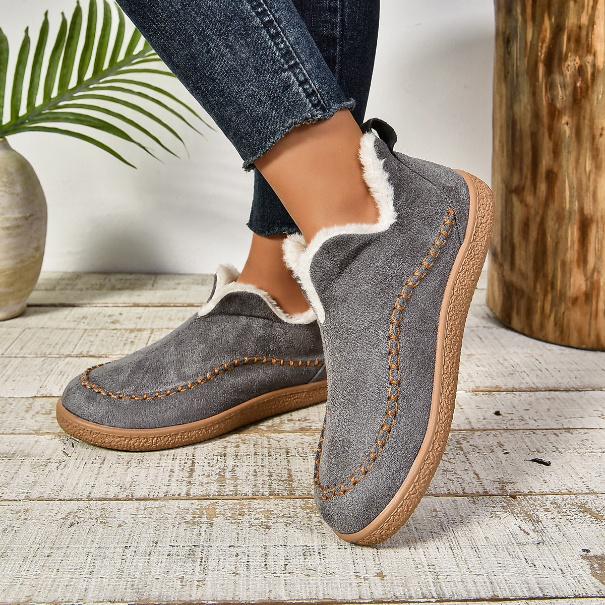 Warm Fur Lined Slip-On Ankle Boots with Anti-slip Thick Sole