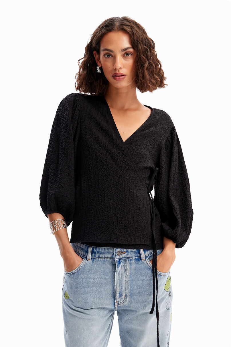 Textured wrap blouse