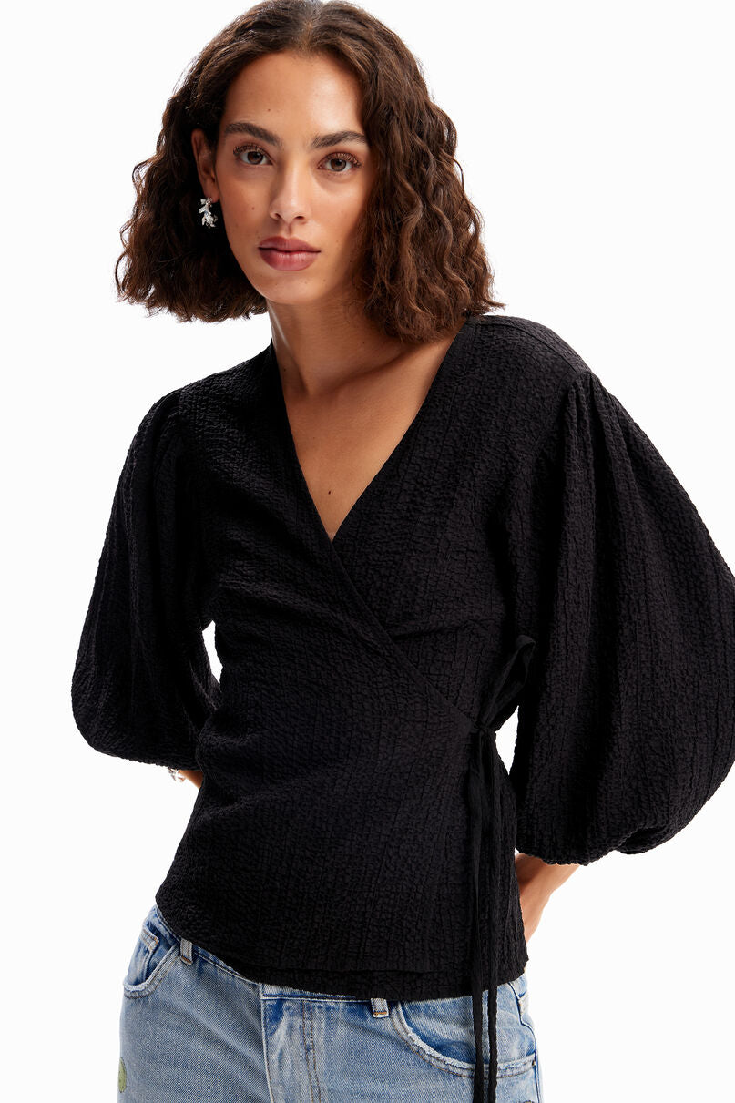 Textured wrap blouse