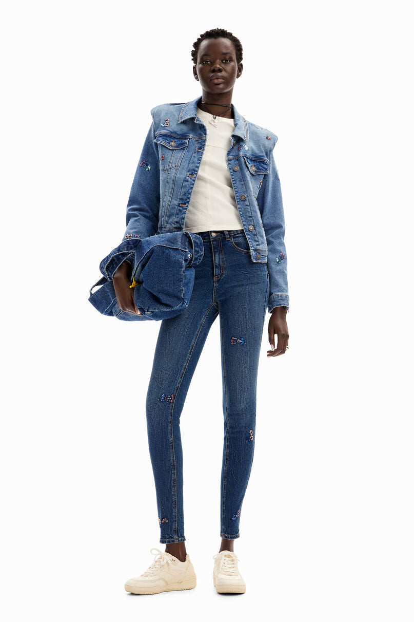 Slim beaded floral jeans