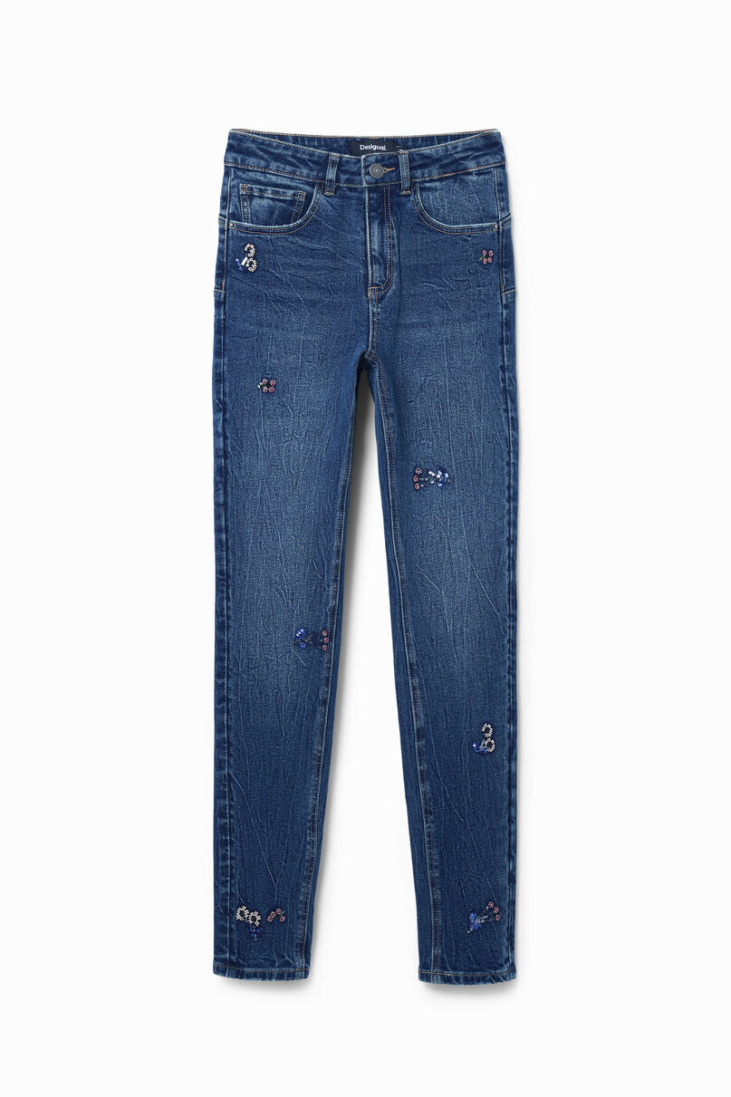 Slim beaded floral jeans