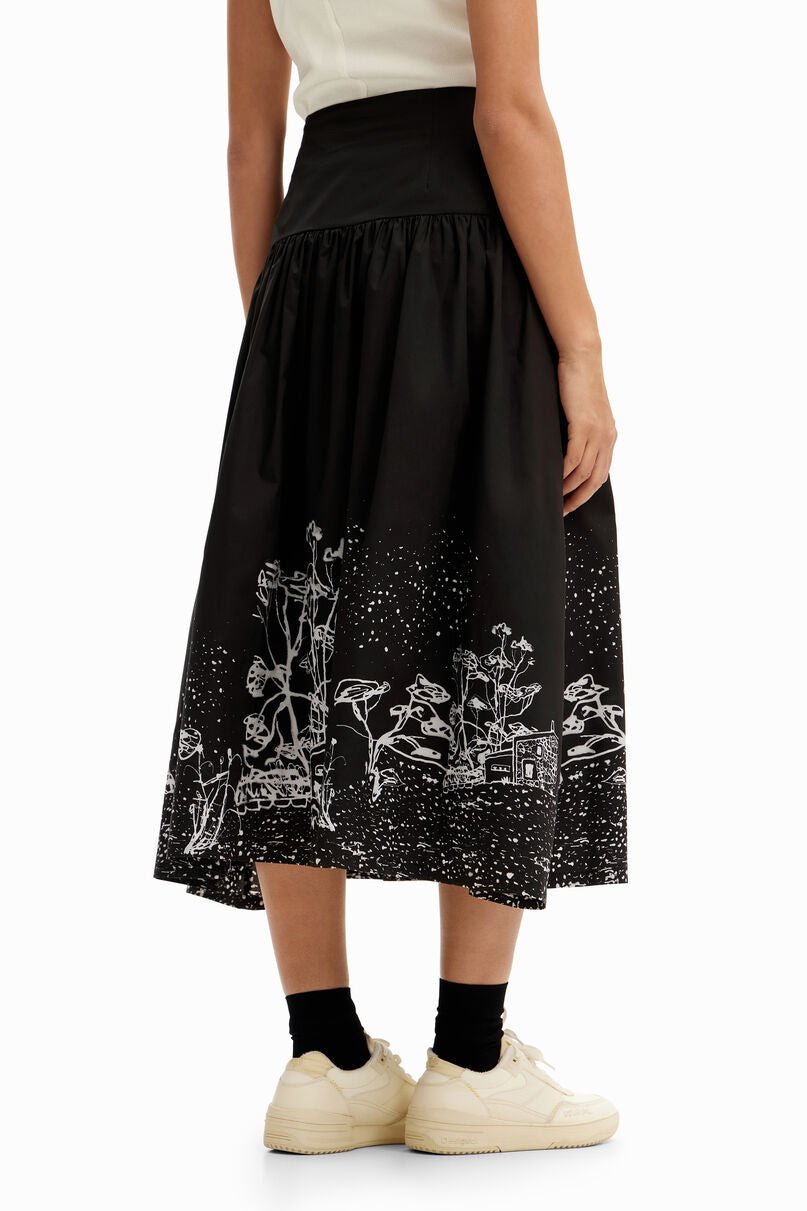 Poplin landscape midi skirt