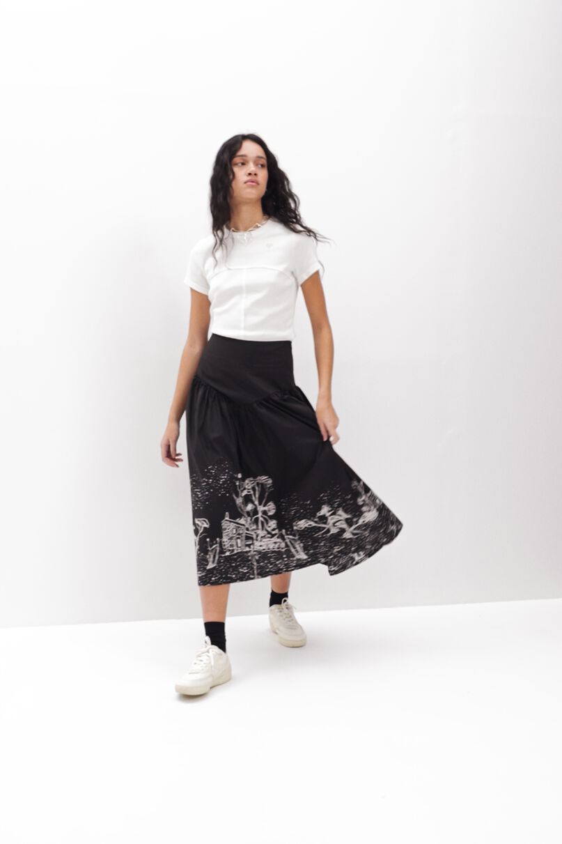 Poplin landscape midi skirt