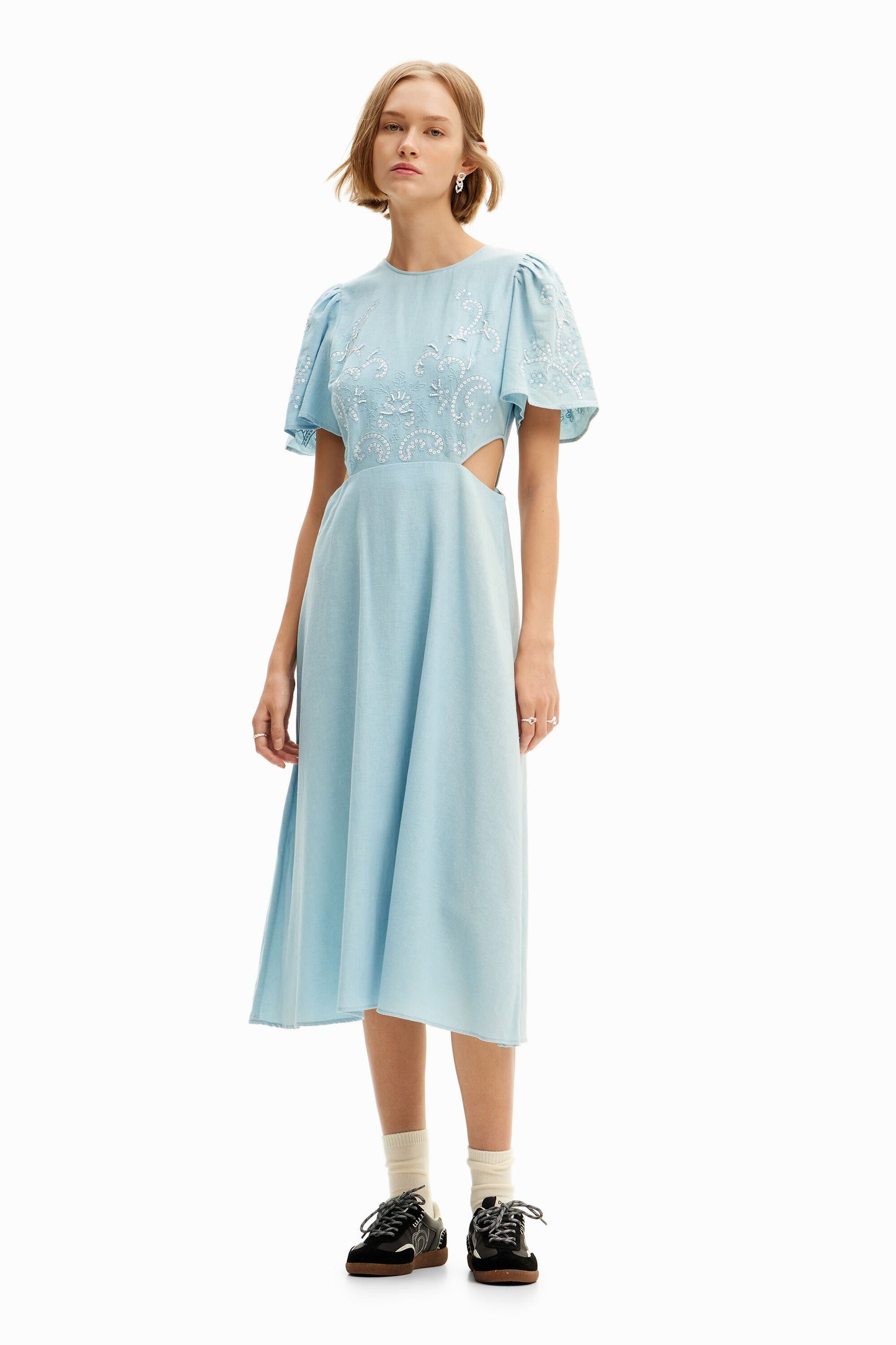 Embroidered cut-out midi dress