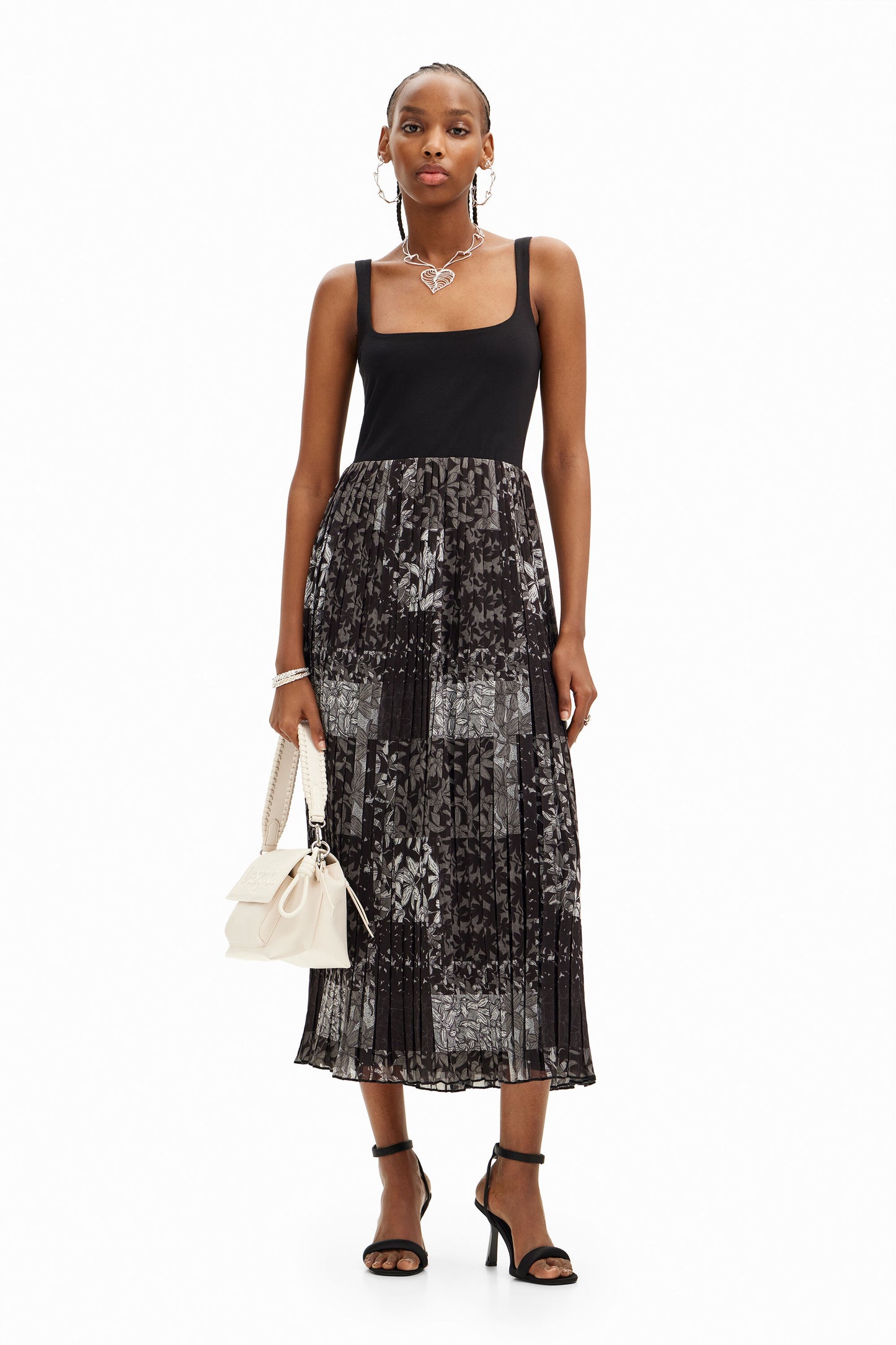 Pleated combination midi dress