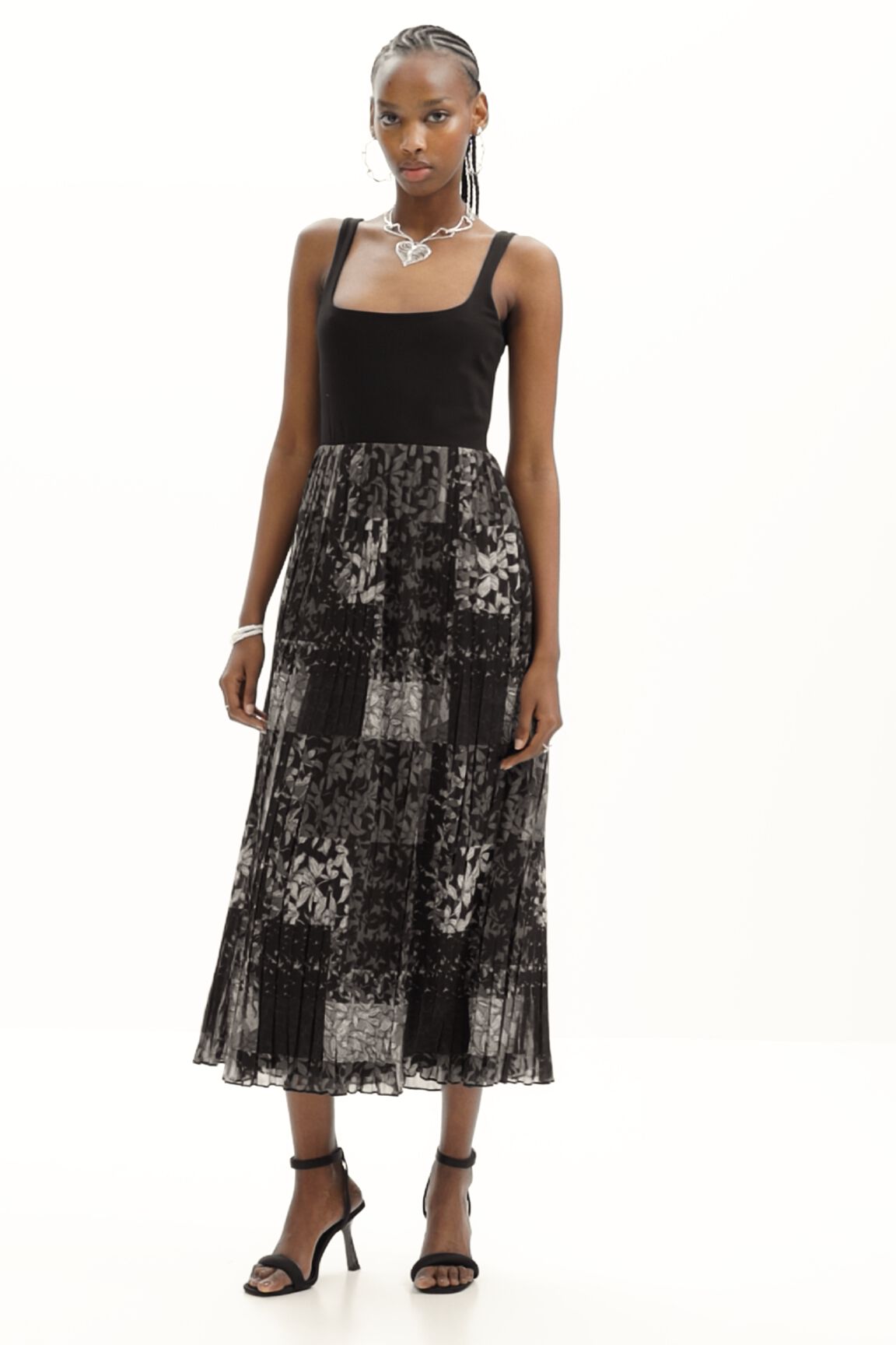 Pleated combination midi dress