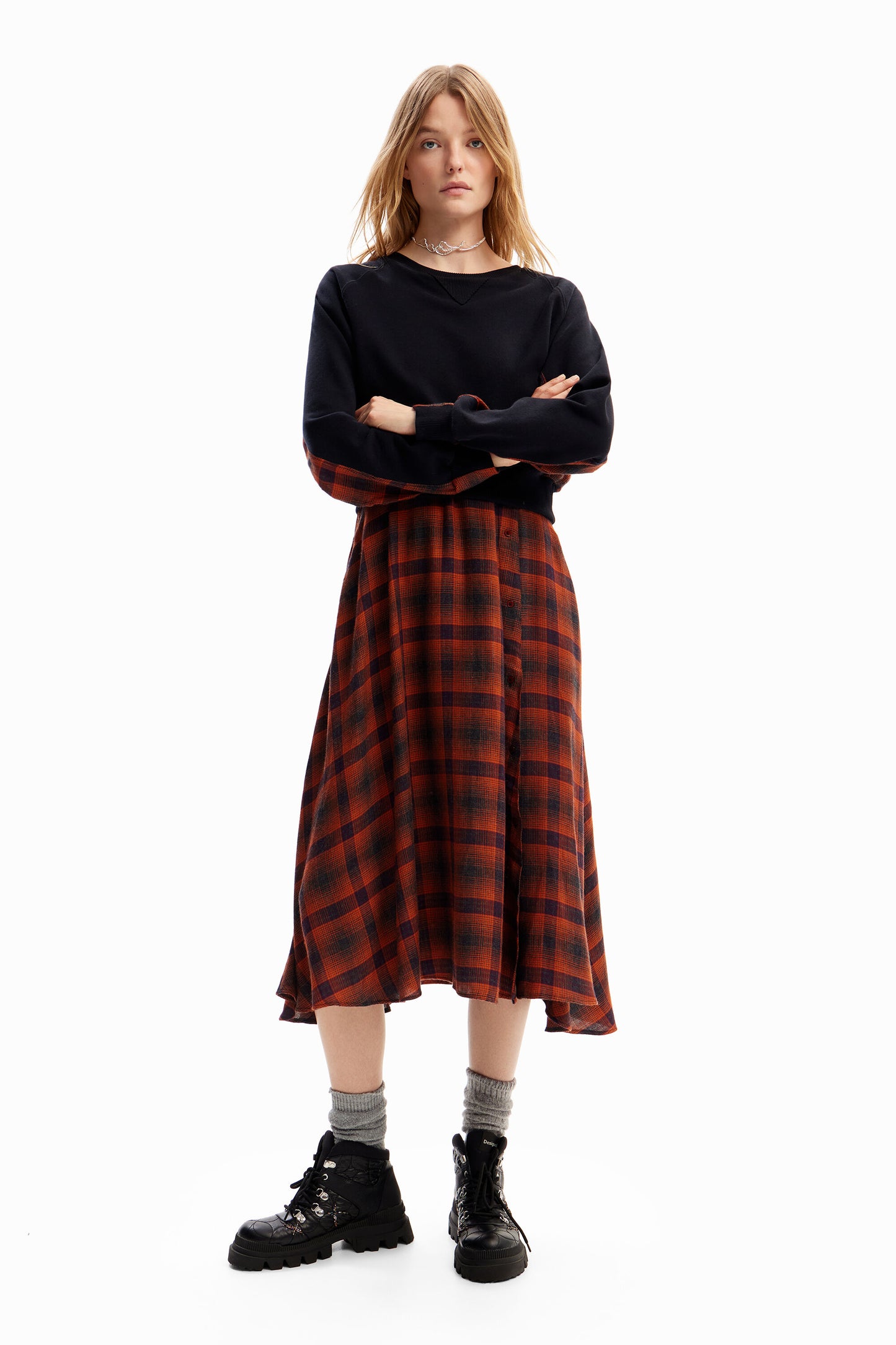 Combination plaid midi dress