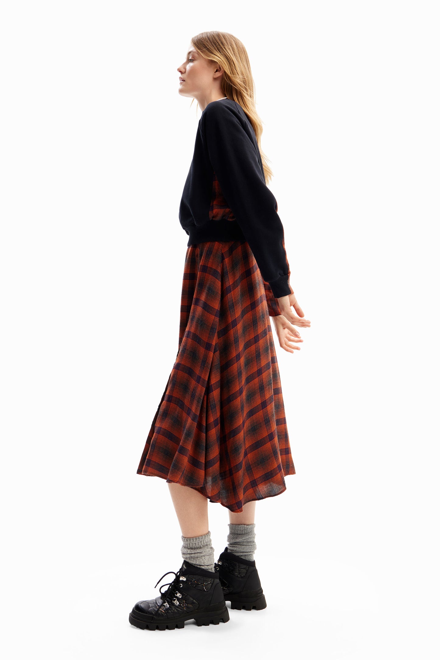 Combination plaid midi dress
