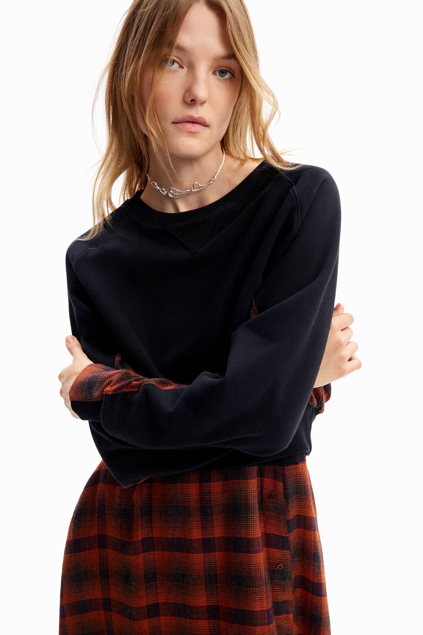 Combination plaid midi dress