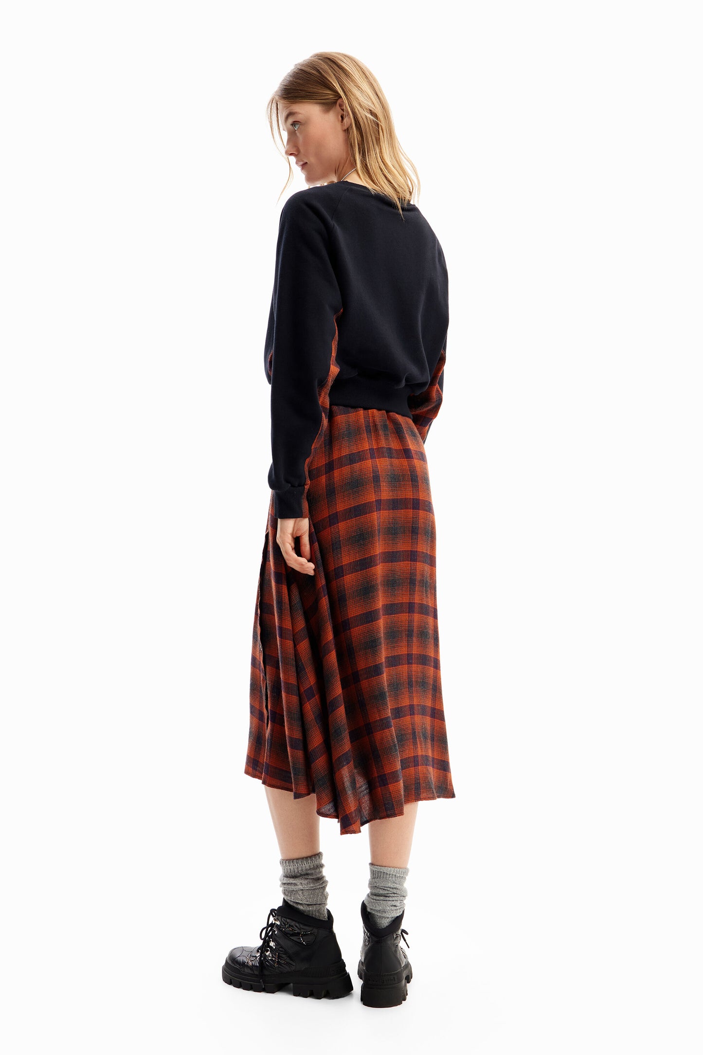 Combination plaid midi dress