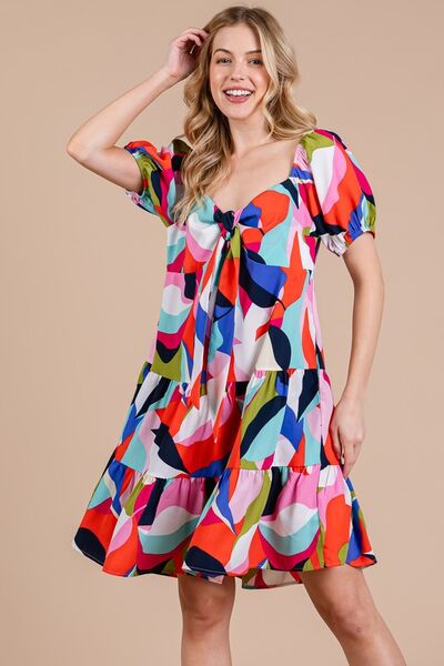 Ces Femme Abstrakt gemustertes Kleid mit Herzausschnitt und Puffärmeln