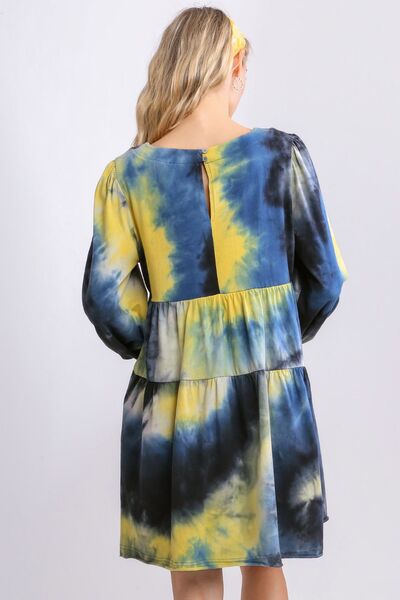 Umgee Damen Batik-Rundhals-Langarm-Babydoll-Stufenkleid Übergröße