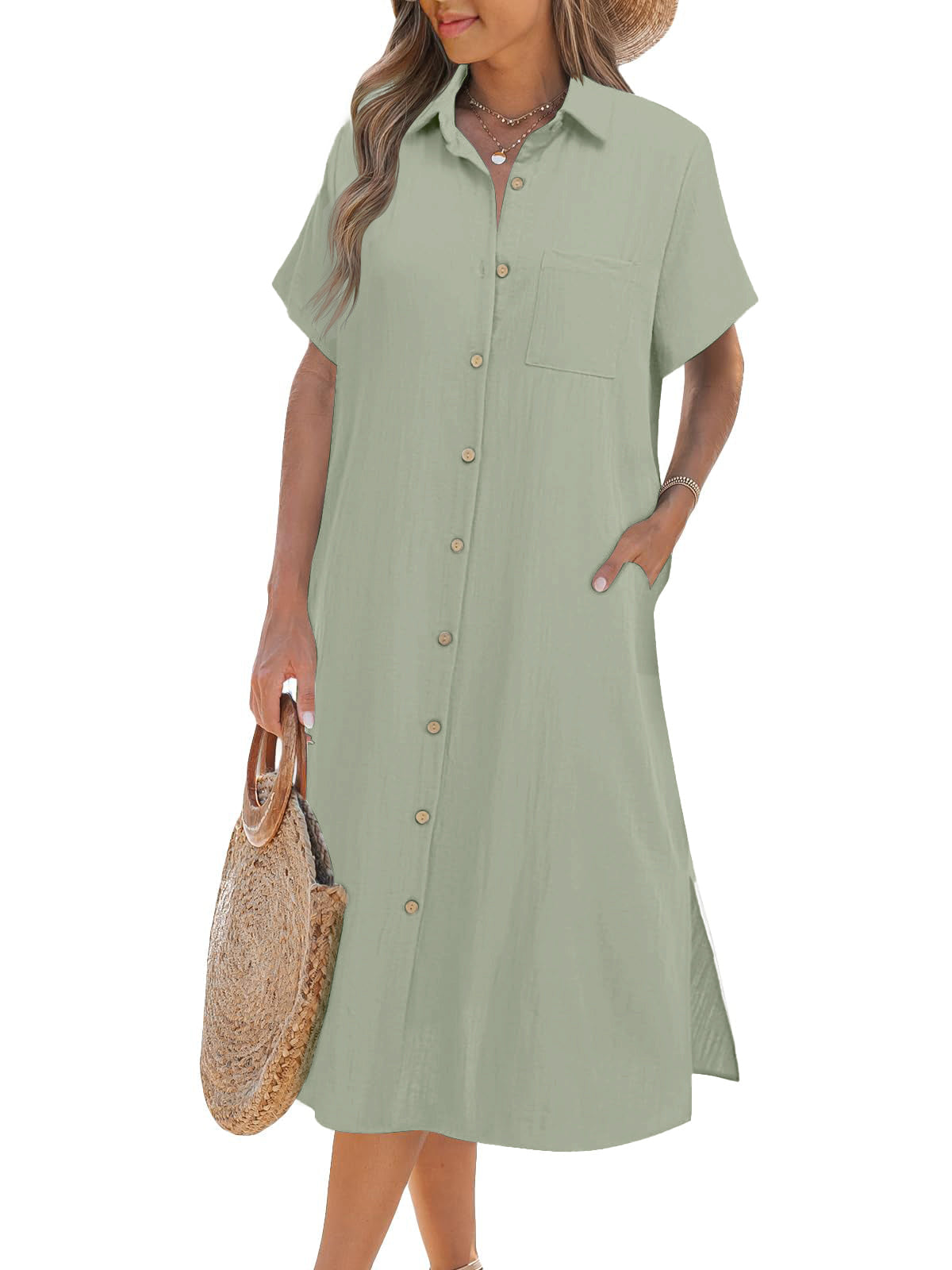 Damen Kurzarm-Hemdblusenkleid (2 kaufen, Versand gratis)
