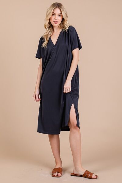 Ces Femme Midi-Kleid mit Seitenschlitz, kurzen Ärmeln und Taschen