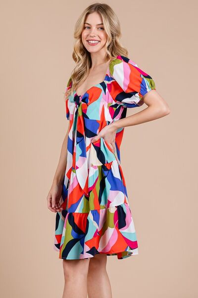 Ces Femme Abstrakt gemustertes Kleid mit Herzausschnitt und Puffärmeln