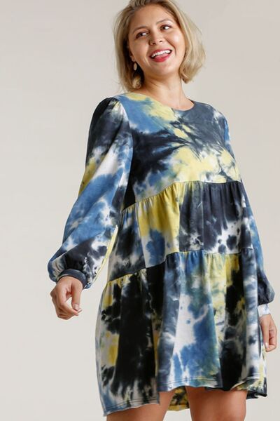 Umgee Damen Batik-Rundhals-Langarm-Babydoll-Stufenkleid Übergröße