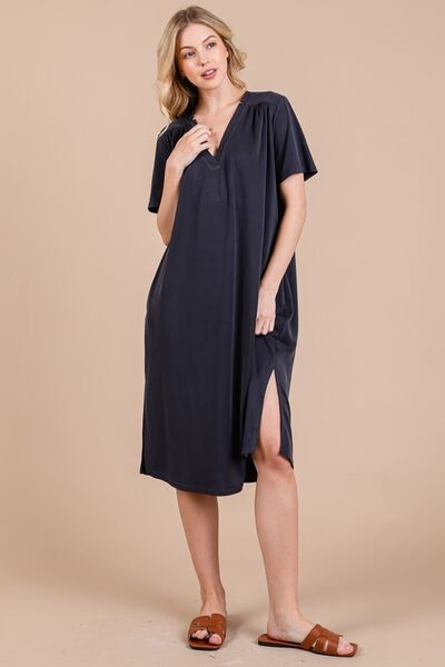 Ces Femme Midi-Kleid mit Seitenschlitz, kurzen Ärmeln und Taschen