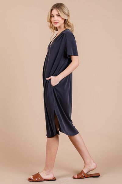 Ces Femme Midi-Kleid mit Seitenschlitz, kurzen Ärmeln und Taschen