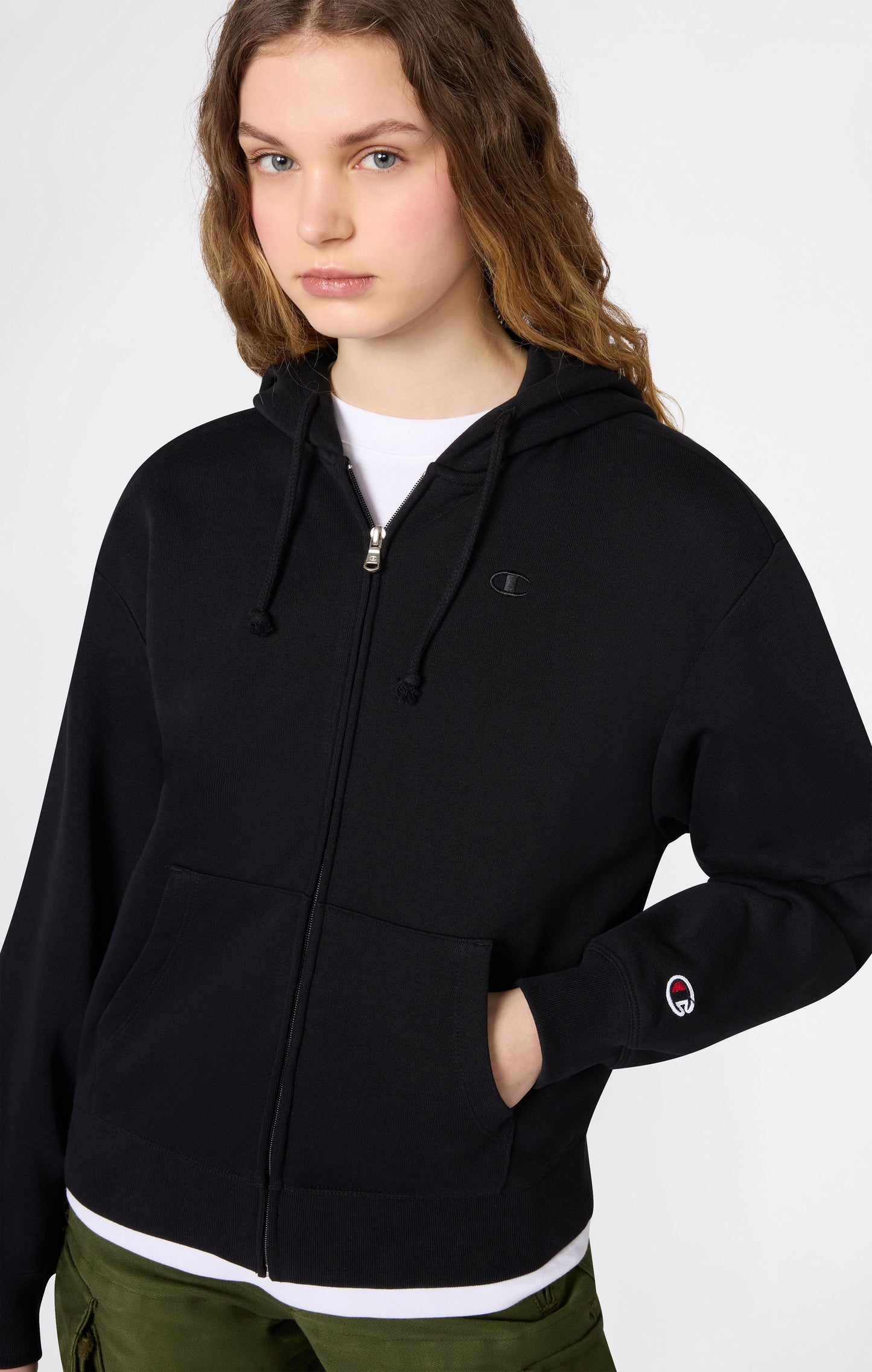 Women's Lightweight Full Zip Hooded Sweatshirt with Tonal Embroidered C Logo Icons