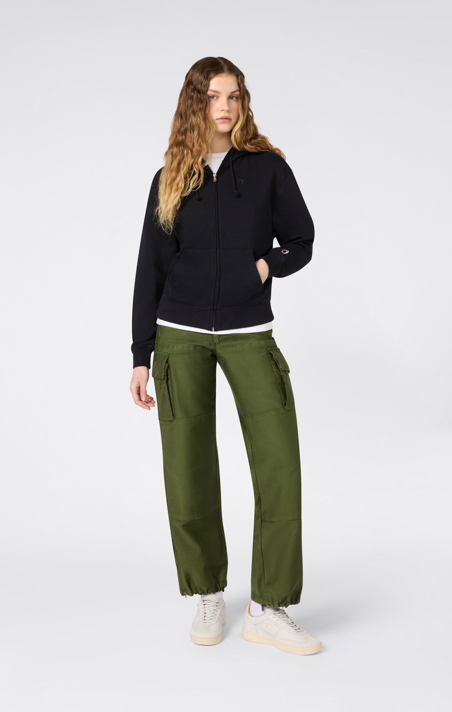 Women's Lightweight Full Zip Hooded Sweatshirt with Tonal Embroidered C Logo Icons