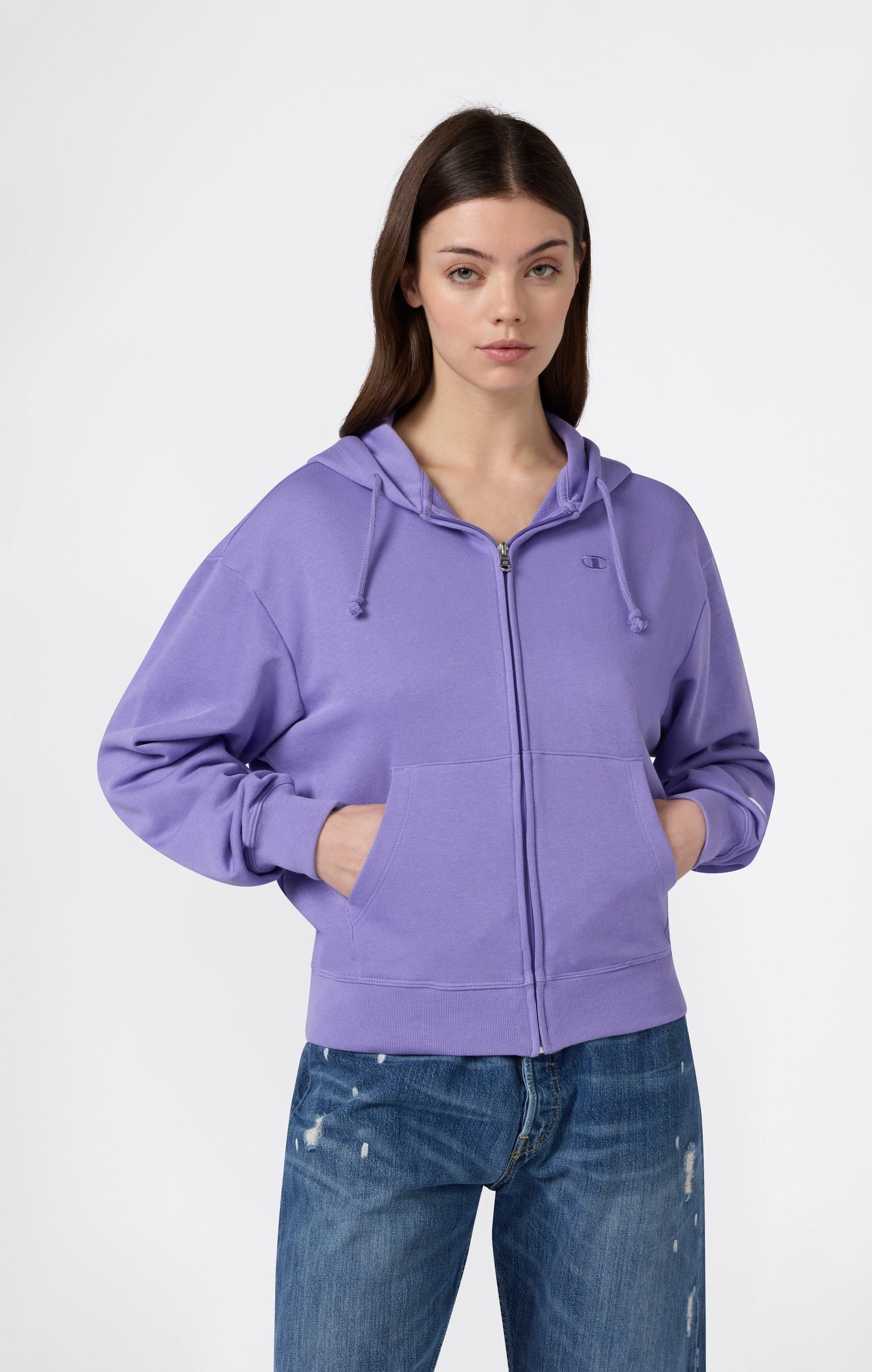 Women's Lightweight Full Zip Hooded Sweatshirt with Tonal Embroidered C Logo Icons