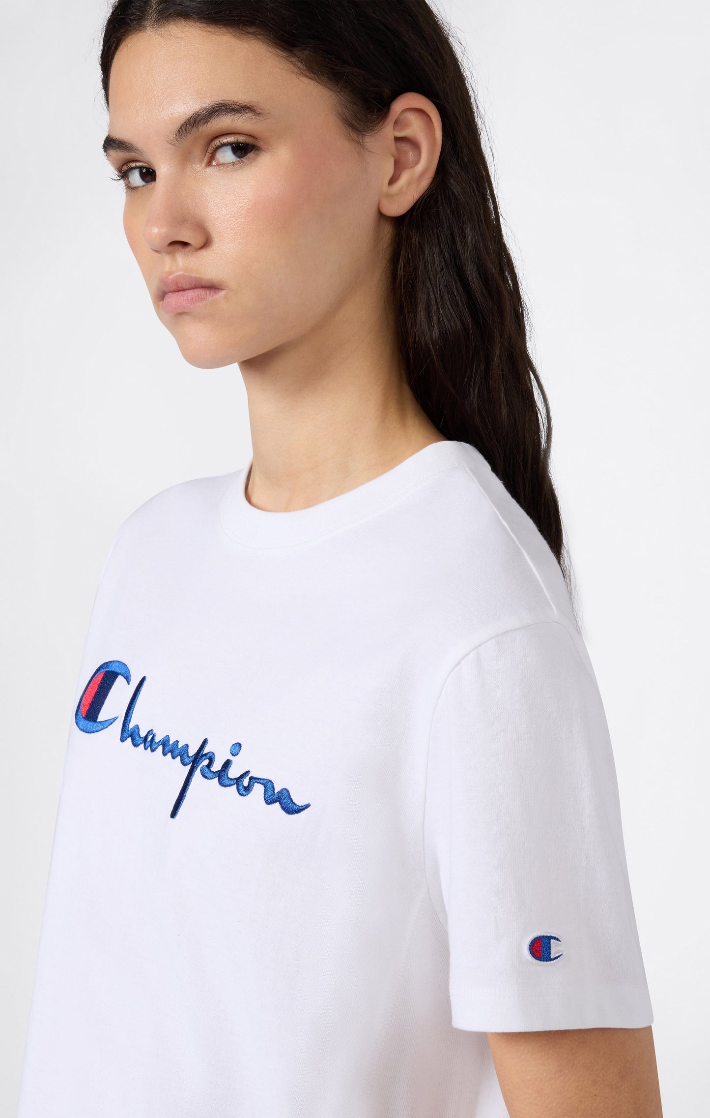 Damen Reverse Weave Rundhals-T-Shirt mit gesticktem Logo