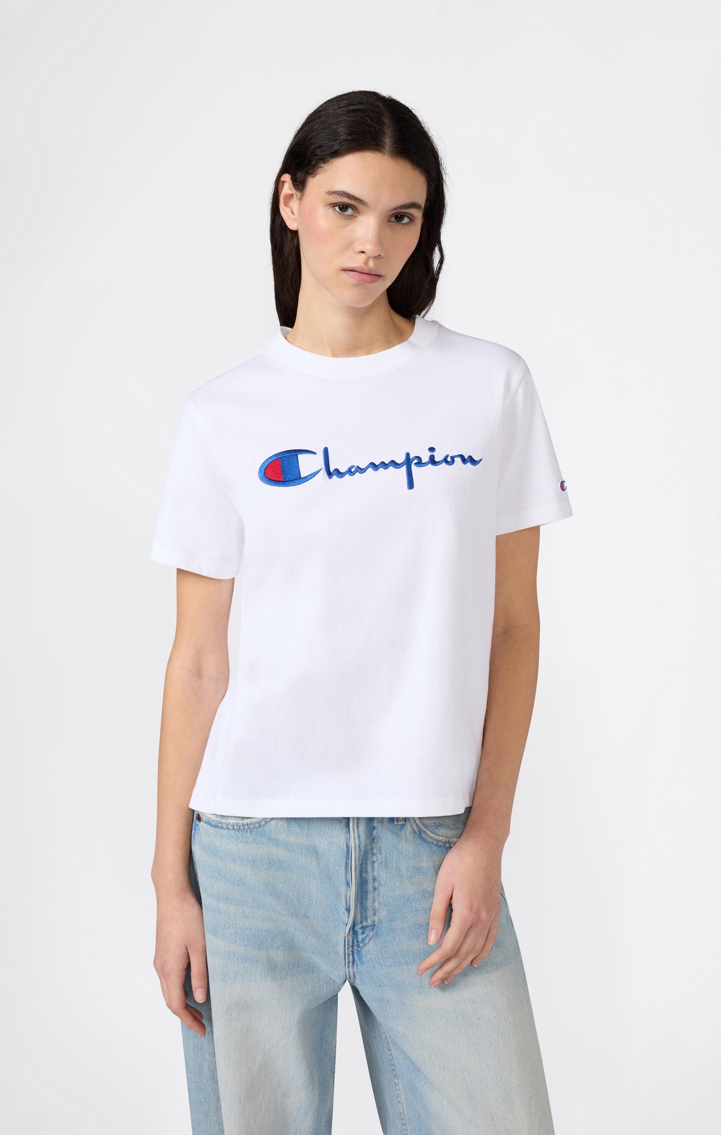 Damen Reverse Weave Rundhals-T-Shirt mit gesticktem Logo