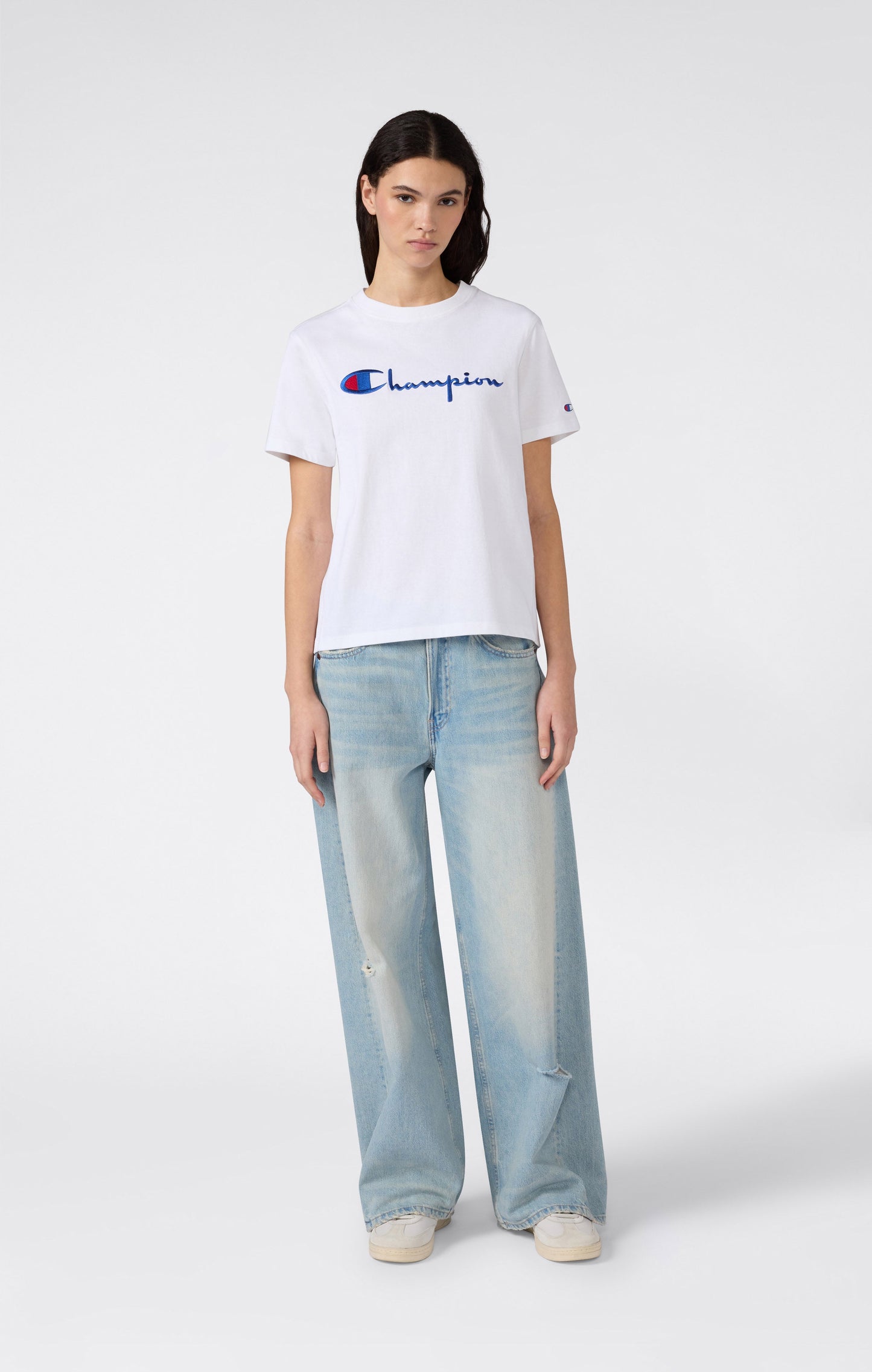 Damen Reverse Weave Rundhals-T-Shirt mit gesticktem Logo