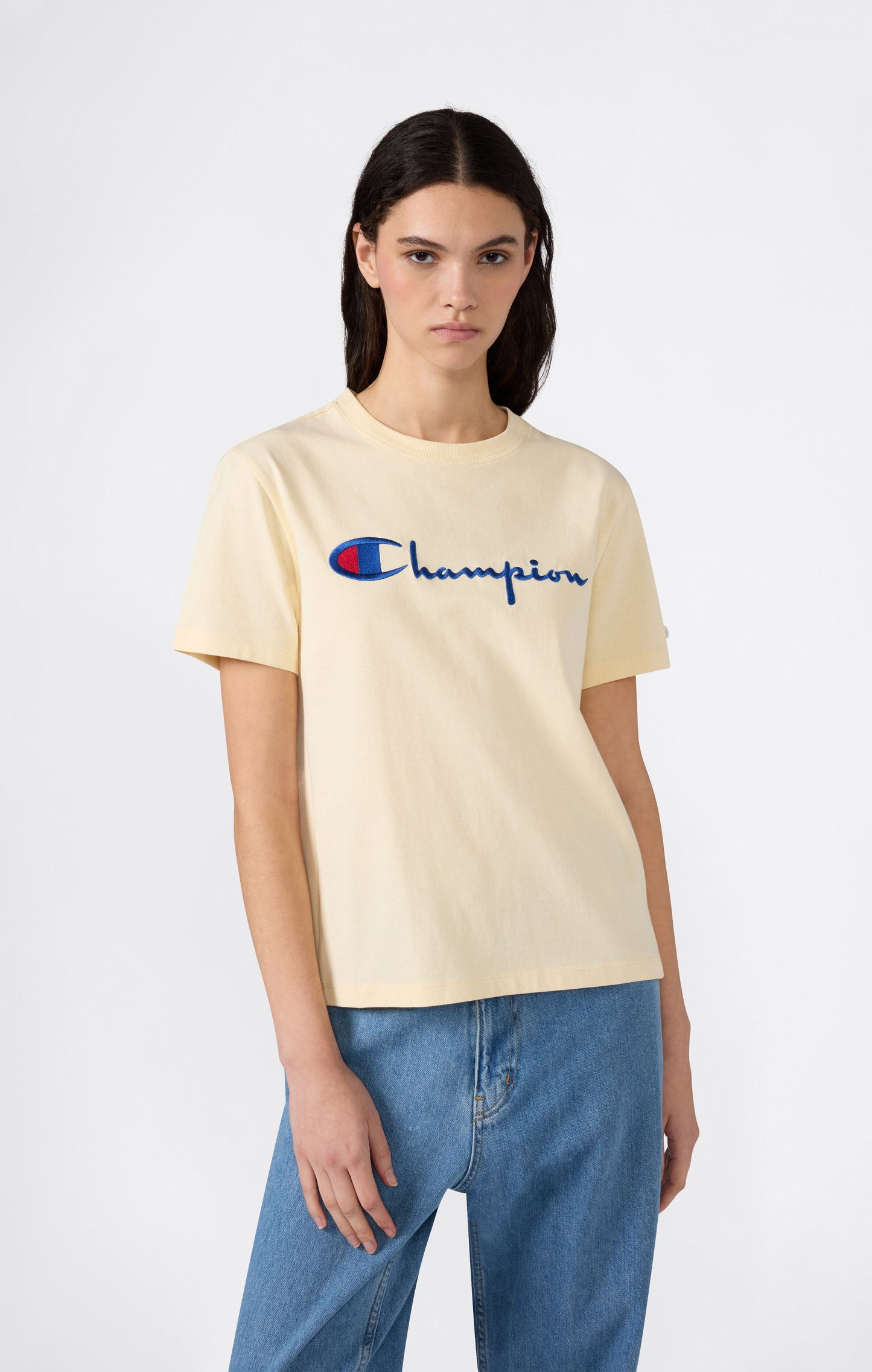 Damen Reverse Weave Rundhals-T-Shirt mit gesticktem Logo