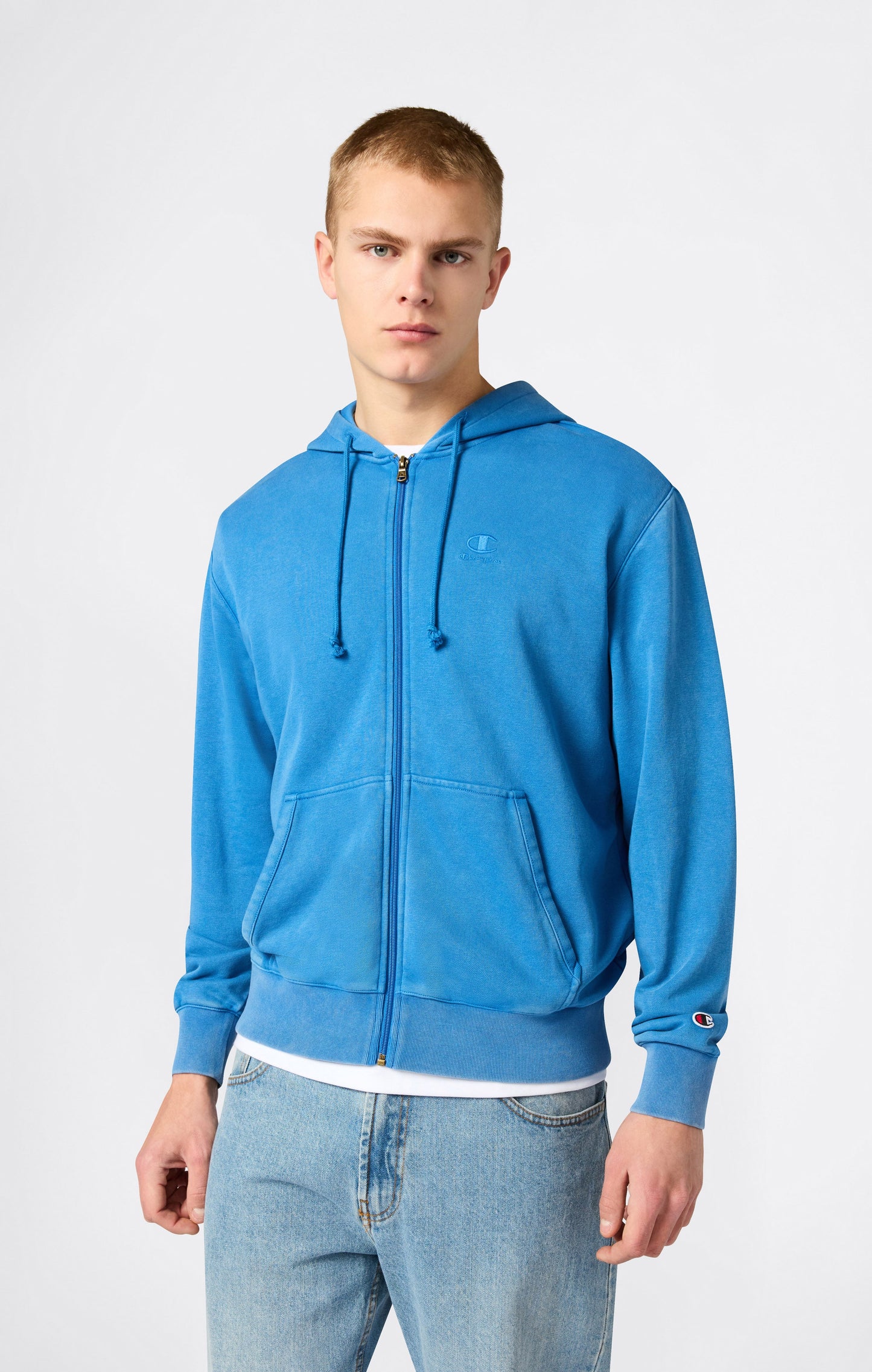 Herren-Kapuzenpullover mit durchgehendem Reißverschluss, gesticktem Logo und Icons mit Washed-Effekt