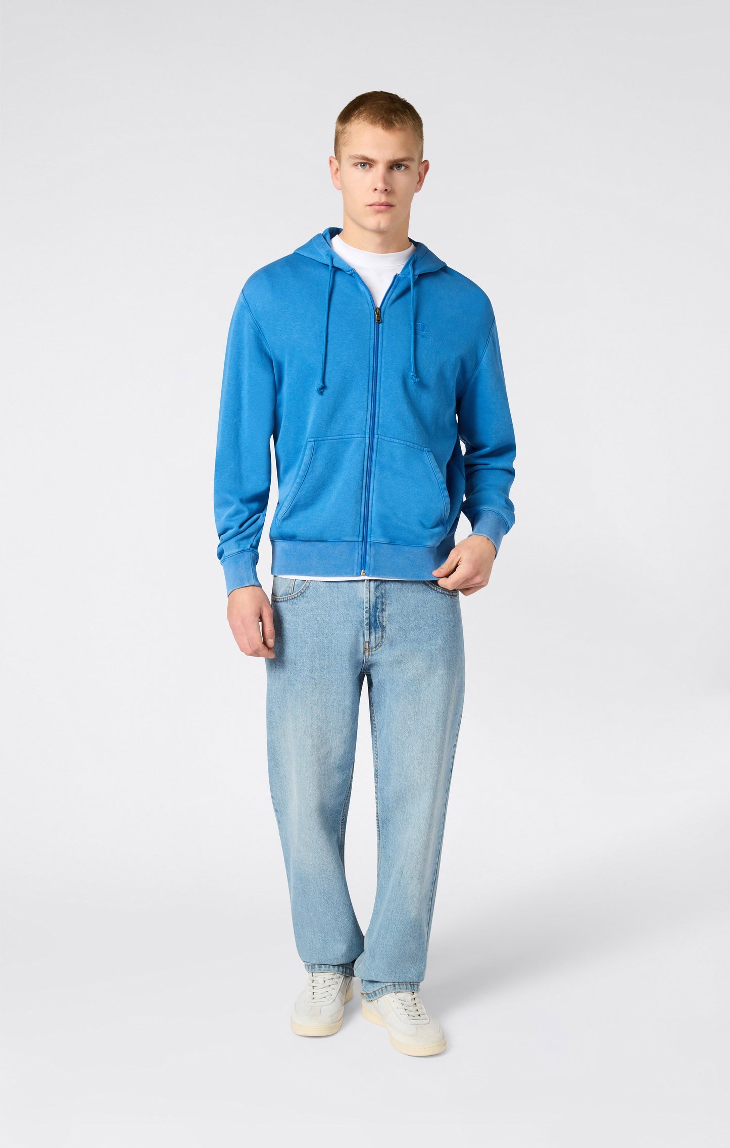 Herren-Kapuzenpullover mit durchgehendem Reißverschluss, gesticktem Logo und Icons mit Washed-Effekt