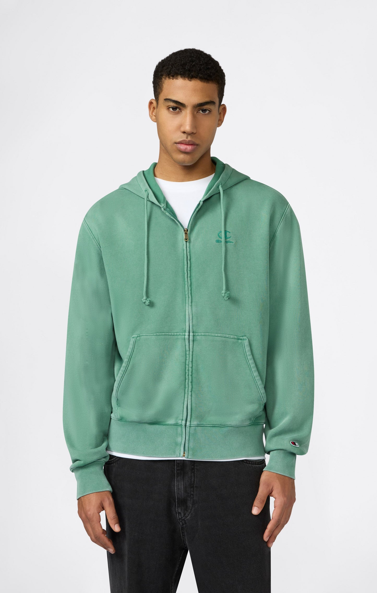 Men's Full Zip Hooded Sweatshirt with Embroidered Logo and Washed Effect Icons