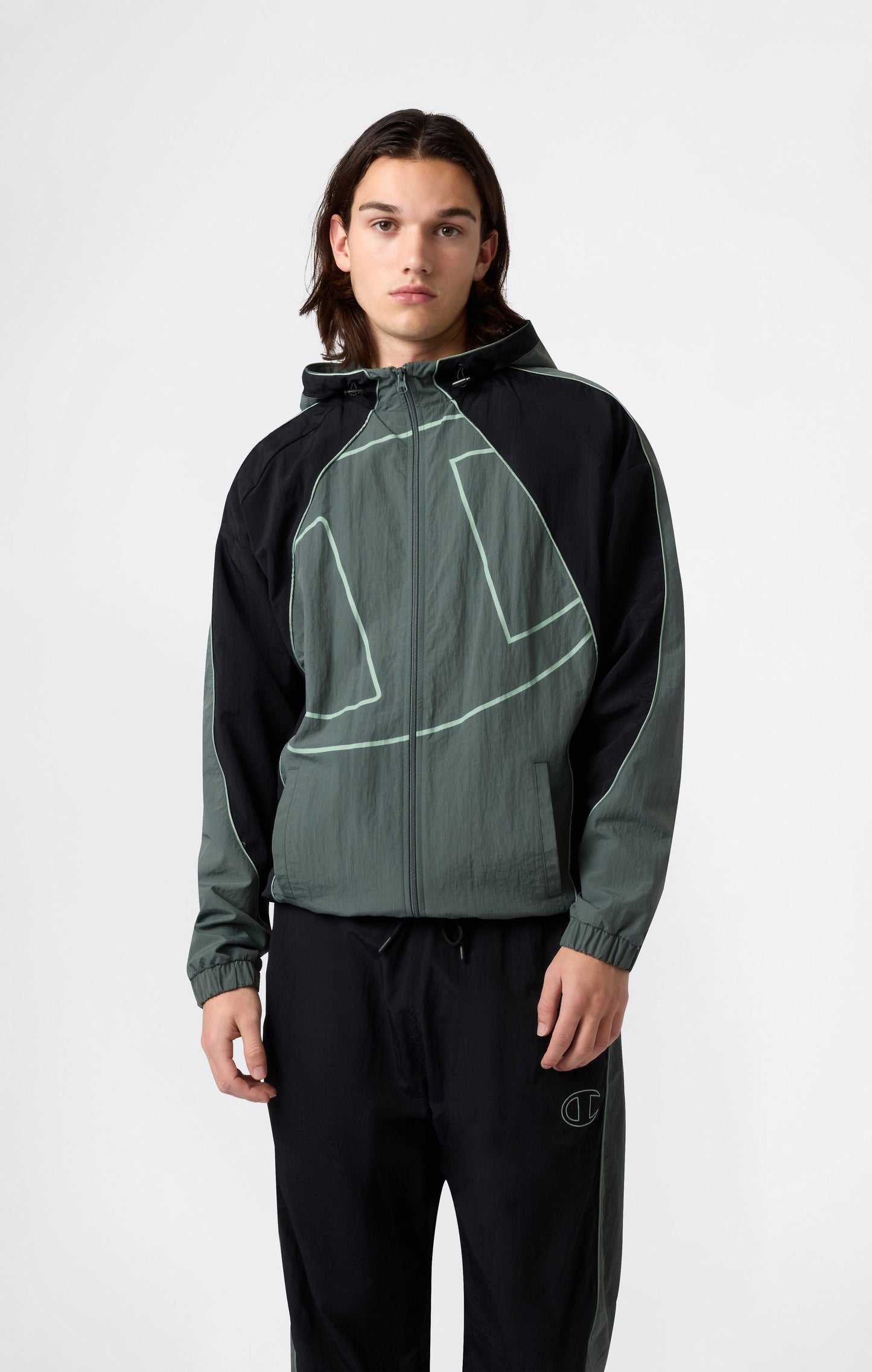 Herren-Trainingsjacke mit durchgehendem Reißverschluss, Kapuze, aus gewebtem Nylon, lockere Passform