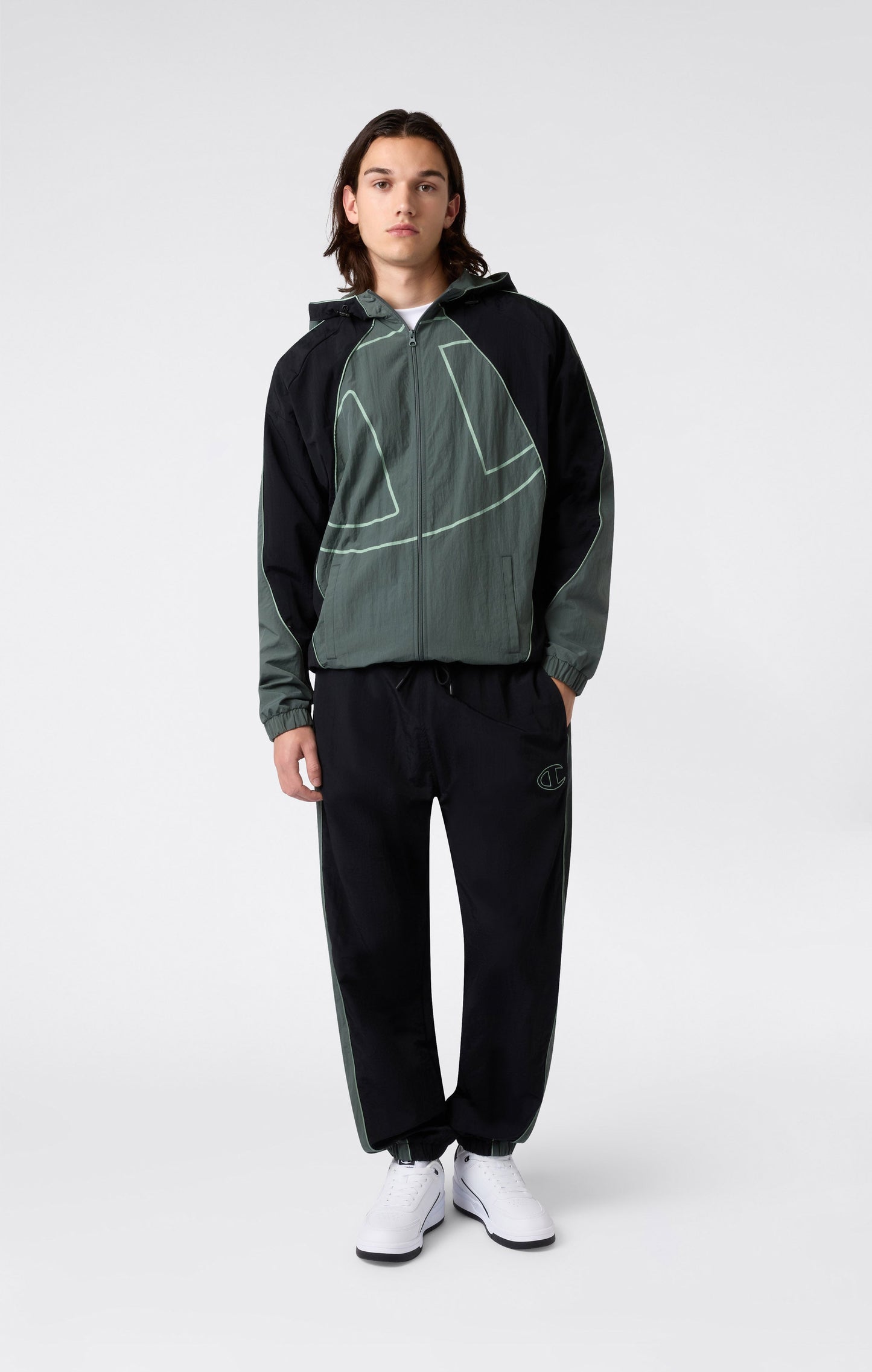 Herren-Trainingsjacke mit durchgehendem Reißverschluss, Kapuze, aus gewebtem Nylon, lockere Passform