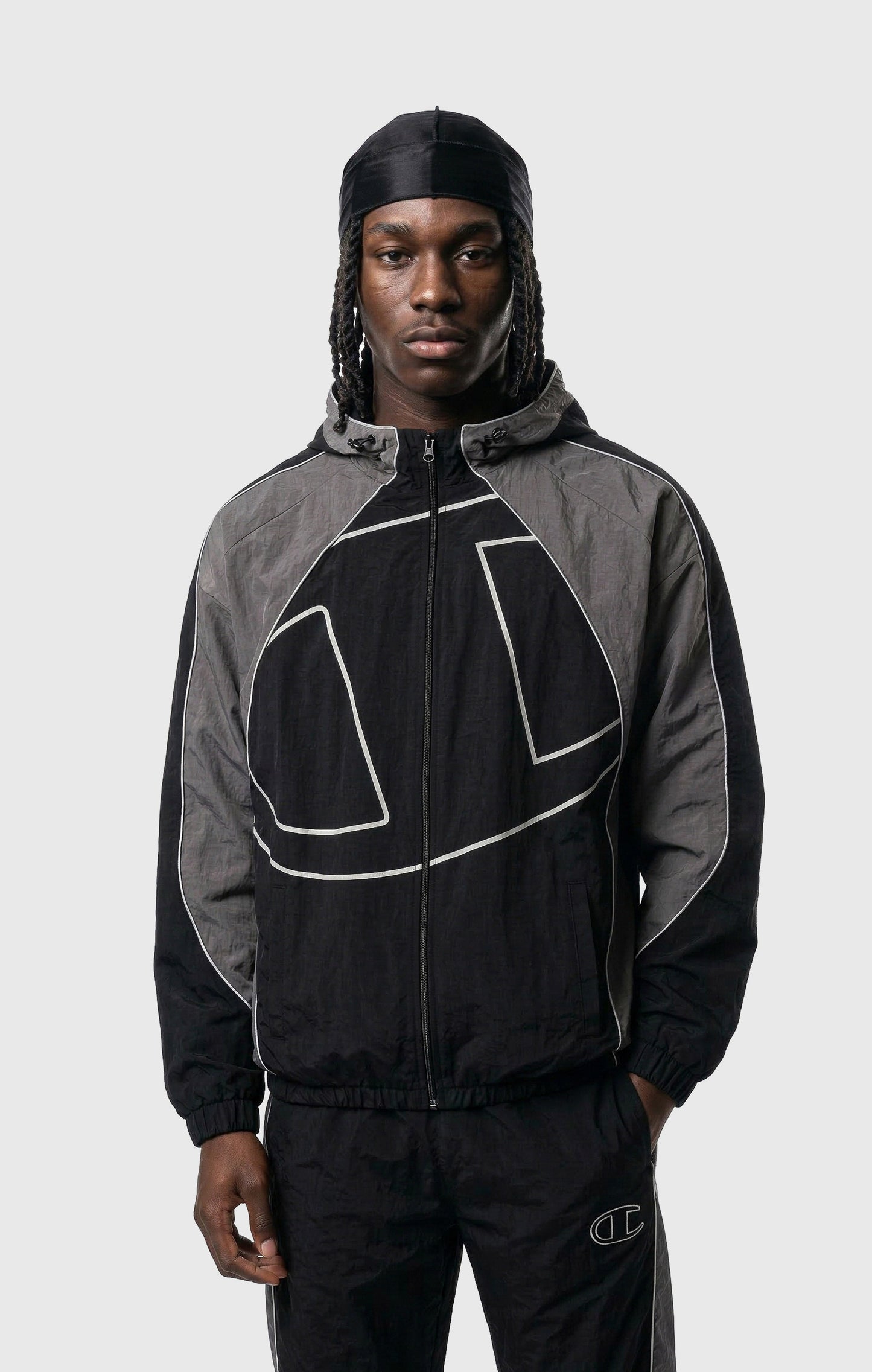 Herren-Trainingsjacke mit durchgehendem Reißverschluss, Kapuze, aus gewebtem Nylon, lockere Passform