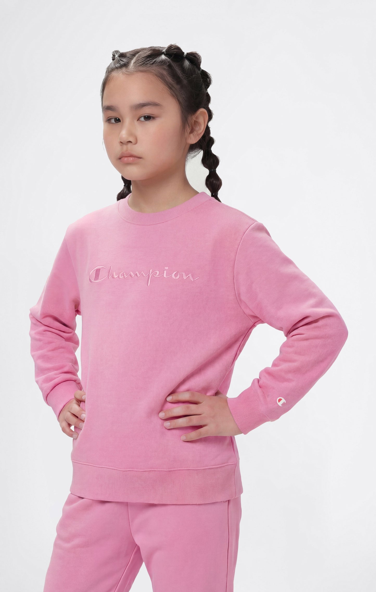 Girls' Lightweight Crewneck Sweatshirt with Tonal Embroidered Maxi Logo Icons