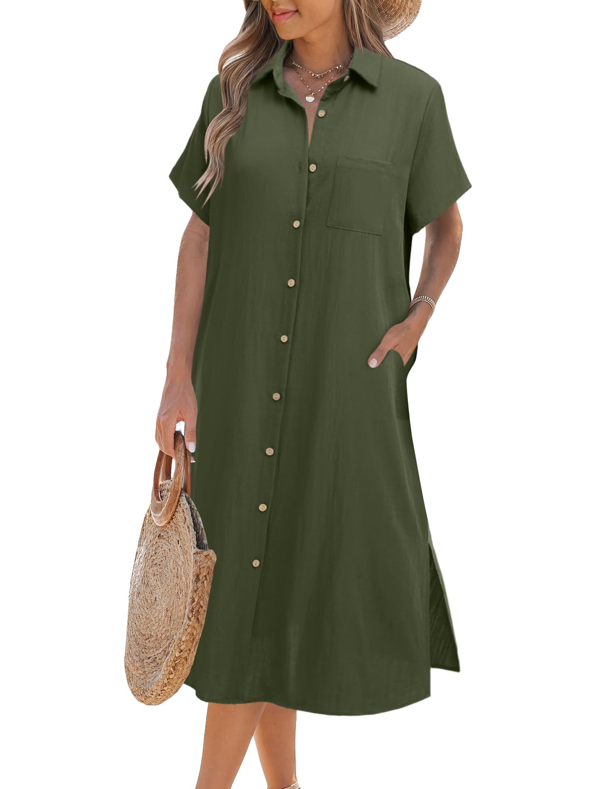 Damen Kurzarm-Hemdblusenkleid (2 kaufen, Versand gratis)