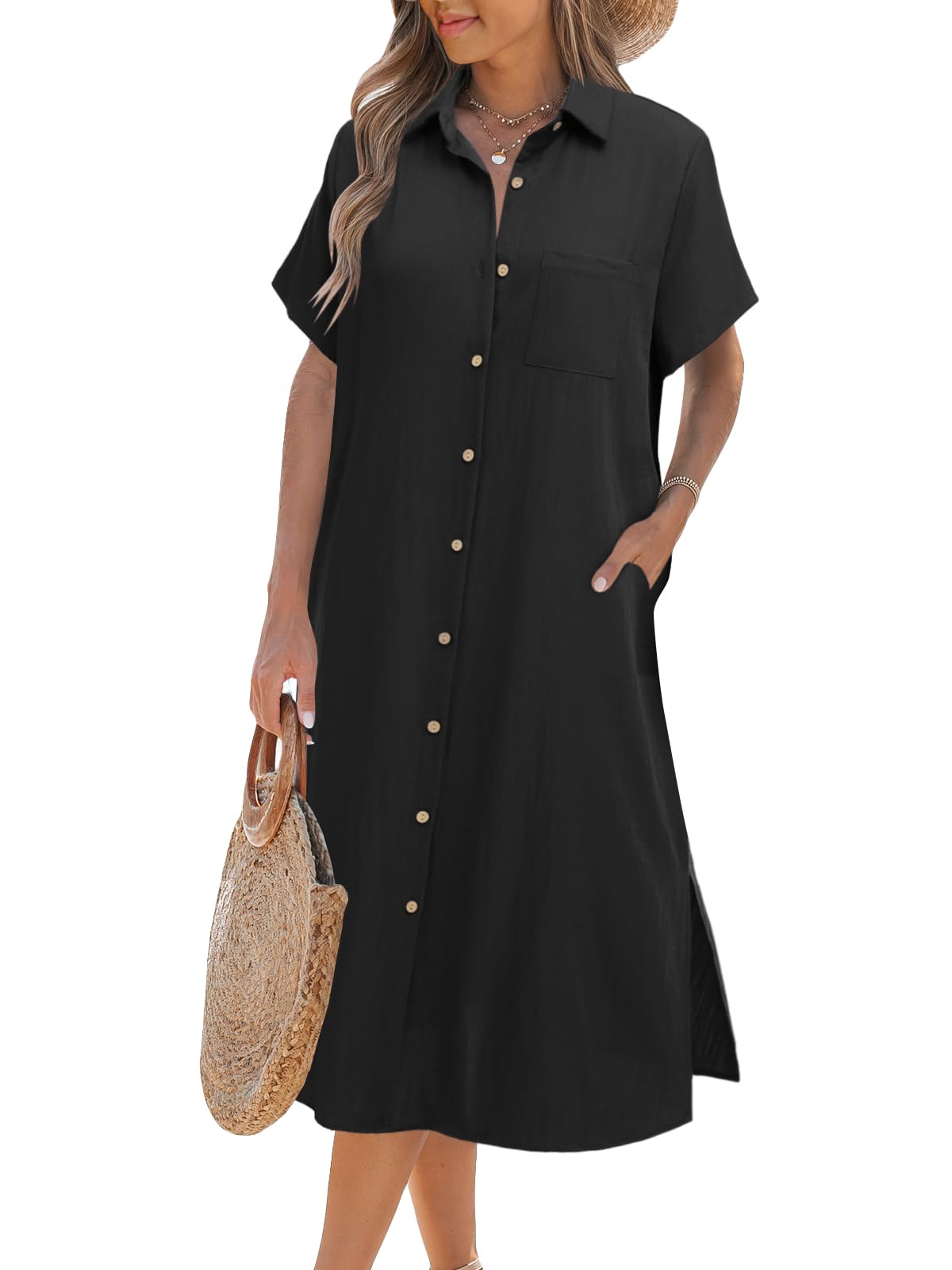Damen Kurzarm-Hemdblusenkleid (2 kaufen, Versand gratis)