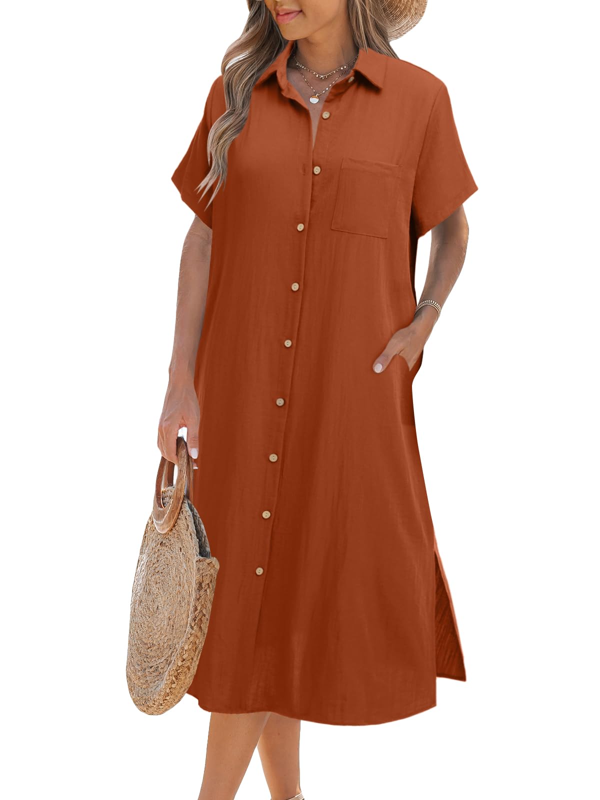 Damen Kurzarm-Hemdblusenkleid (2 kaufen, Versand gratis)