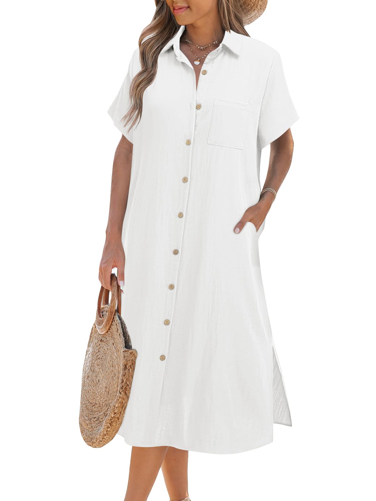 Damen Kurzarm-Hemdblusenkleid (2 kaufen, Versand gratis)