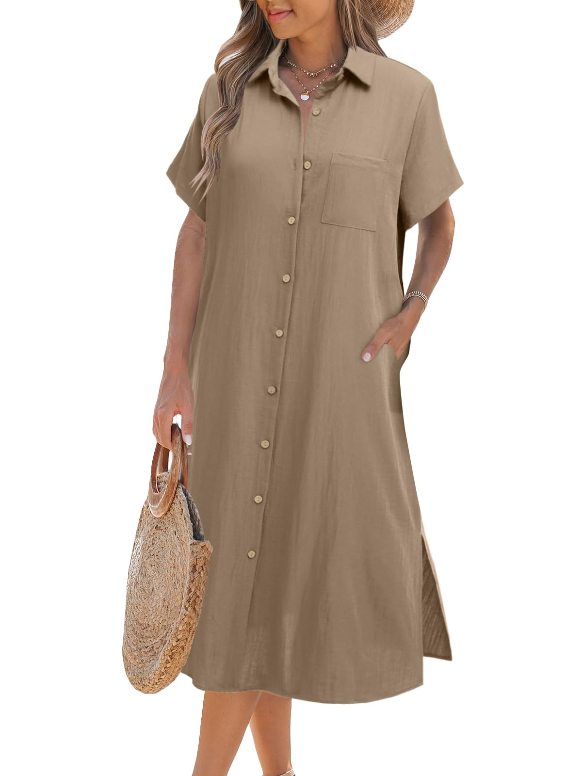 Damen Kurzarm-Hemdblusenkleid (2 kaufen, Versand gratis)