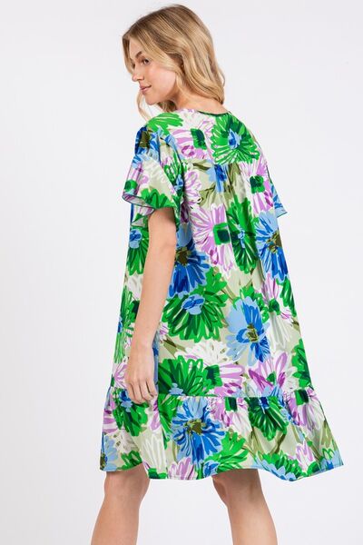 Ces Femme Floral Ruffled Short Sleeve Dress