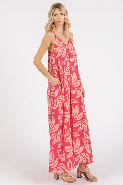 Mittoshop Bedrucktes V-Ausschnitt Maxi-Trägerkleid mit Taschen