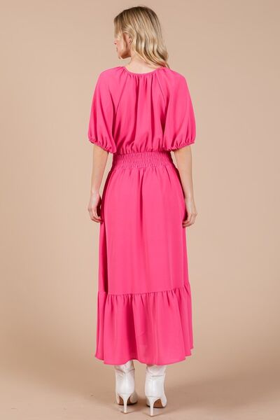 Ces Femme Gesmoktes Kleid mit elastischem Bund, Bindekragen und Puffärmeln