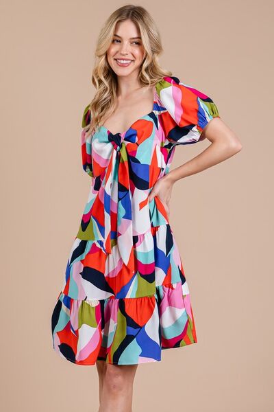 Ces Femme Abstrakt gemustertes Kleid mit Herzausschnitt und Puffärmeln