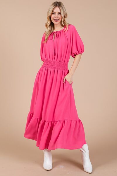 Ces Femme Gesmoktes Kleid mit elastischem Bund, Bindekragen und Puffärmeln