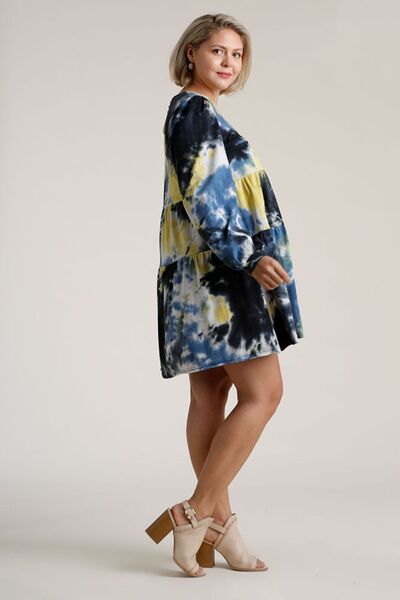 Umgee Damen Batik-Rundhals-Langarm-Babydoll-Stufenkleid Übergröße